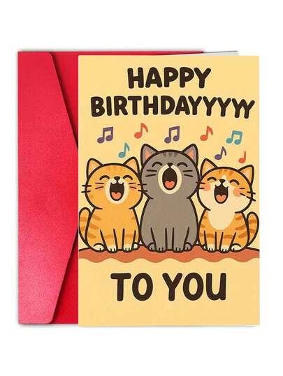 1 Adet Sevimli Şarkı Söyleyen Kedi Doğum Günü Kartı ve Zarfı - Büyüleyici 4 Renkli Yavru Kedi (Kaplan Benekli/Kırlangıç Kuyruklu) Tasarımı, Mutlu Doğum Günü Şarkısı ve Kişiselleştirilmiş Bilgiler, Yetişkinler ve Kedi Severler İçin Uygun - Müzik Notası Tebrik Kartı, Komik Doğum Günü Kartı, Kız Kardeşler İçin Doğum Günü Kartı