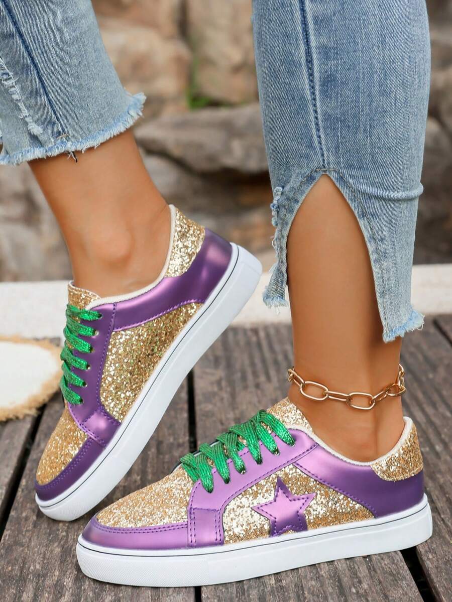 Women's Gold Sequin Patchwork Leather Round Toe Lace-Up Thick Sole Low-Top Multifunctional Fashion Casual Sneakers, Rubber Sole Waterproof Anti-Slip Durable Lightweight Casual Shoes, Spring/Autumn New Versatile Sneakers - Purple Gold - View 1