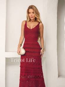 Women's Midi Dress, Knit With Lace, Party, Beach, Sophisticated, New Year's Eve, Christmas, Vacation, Beach, Wedding, Bridesmaid - 焦紅色 - 查看 2