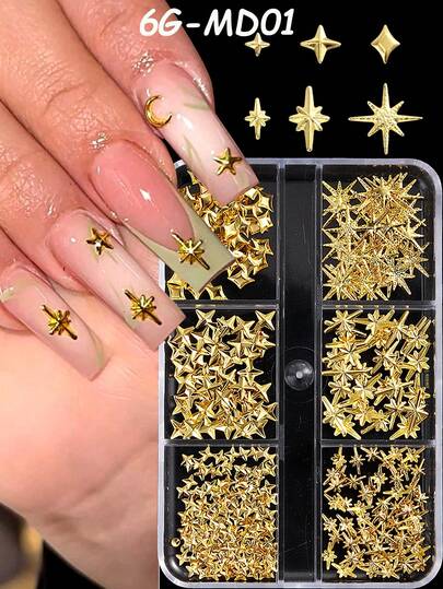1 Box Metal Star & Moon Nail Art Decorations, Mixed Hollow Mini Gold Moon & Star Nail Studs, 3D Metal Slice Nail Gems, Y2K Cute Nail Art Supplies, DIY Nail Accessories
