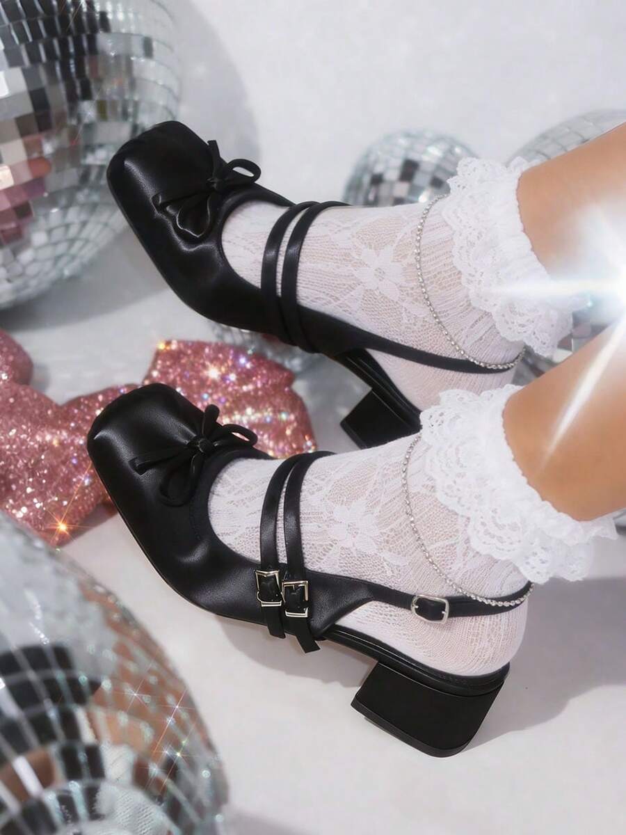 Women's Ballet Heels Elegant Square Toe Bow Satin Mary Janes Ballerina Chunky Heel Party Buckle Strap Sweet Cute Wedding Shoes For Women Valentine's Day Gift - màu đen - Xem 1