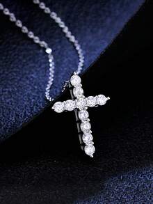 925 Sterling Silver Cubic Zirconia Cross Pendant Necklace, Delicate Jewelry For Women - Silver - View 1