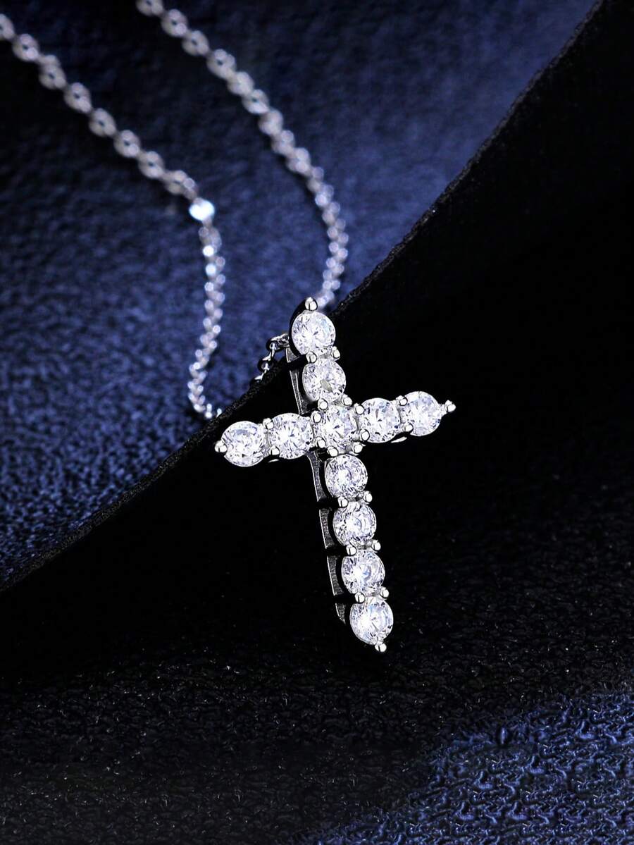 925 Sterling Silver Cubic Zirconia Cross Pendant Necklace, Delicate Jewelry For Women - Silver - View 1