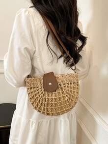 时尚半圆形镂空单肩包，个性化斜挎包，春季新款通勤包，礼品，女士沙滩包 - 彩色 - 查看 3