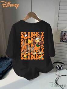 Disney Spring Dog Series Printed Ladies' T-Shirts, Toy Story Slinky Orange Stitching Printing, Genuine Authorized, Micro-Elastic, Can Be Used As Gifts For Family And Friends, Suitable For Spring And Summer. - 黑色 - 查看 2