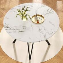 Dining Set (5 Pieces), Including A Table And Four Chairs, A Modern Kitchen Set, A Round Table 100 Cm In Diameter, Black Metal Legs, A Marble Effect MDF Top And Grey Linen Dining Chairs. - Black - View 5