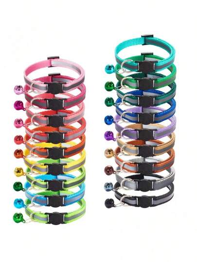 10pcs Random Reflective Detachable Cat Collar With Bell And Round Ears, Suitable For Cats And Small Dogs
