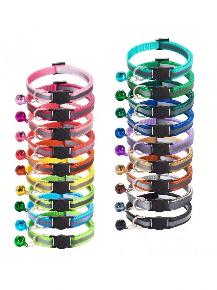 10pcs Random Reflective Detachable Cat Collar With Bell And Round Ears, Suitable For Cats And Small Dogs - Multicolor - View 1