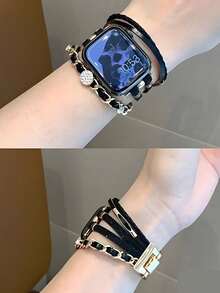 1条金色链条黑色皮革表带，饰有闪亮装饰，适用于49/46/45/44/42/41/40/38mm Series 11 10 Ultra 2 9 8 7 6 5 4 3 2 SE，时尚女士链条表带 - 彩色 - 查看 5