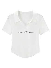 女款時尚白色 Polo 領短袖 T 恤，不對稱下擺，高彈性聚酯纖維面料，打造時尚造型，休閒夏季款 - 白色 - 查看 2