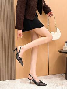 Xin Jing Shoes Women's Elegant Rhinestone Bow Mesh Sexy Fashion Net Yarn Strap Commuting Mid-Heel Shoes - Black - View 6