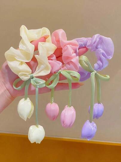 3 piezas Nuevos Scrunchies con forma de tulipán, Lazos de pelo dulces para niña, Adecuados para coleta, moño, doble coleta, Accesorios de belleza para el cabello en el hogar