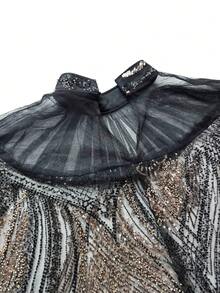 SUPGIR Women's Mandarin Collar Long Sleeve Handmade Rhinestone Satin Evening Dress Vacation - Black - View 10