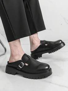 Men's Round Toe Derby Slip-On Loafers, Minimalist British Retro Style Thick Sole Leather Mules Shoes, Summer - Black - View 5