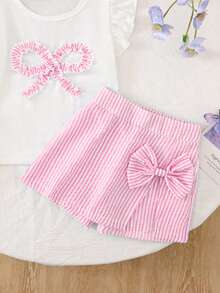 4-7岁女童夏季白色喇叭袖T恤+蓝白条纹短裙两件套，可爱蝴蝶结装饰，清新甜美欧式风格，透气雪纺面料，2026新款夏季假日女童套装 - 淺粉色 - 查看 4