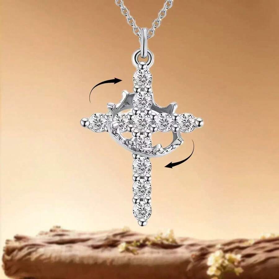 1pc Crown Cross Necklace For Women, Full Diamond Design, Stainless Steel Chain, Gold-Plated Crown Cross Pendant Necklace, Minimalist Diamond Gold Necklace, Valentine's Day Gift, Ramadan Dishes, Eid Al-Fitr Gift, Eid Al-Fitr Giveaway - Cross Necklace - View 1