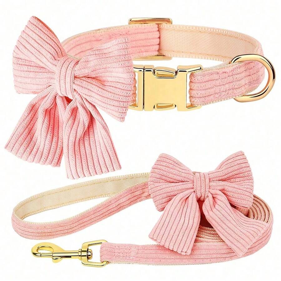 1pc Nylon Adjustable Pet Dog/Cat Collar & Leash Set With Bow Tie, Cute For Chihuahua, Poodle And Other Small/Medium Dogs - Pink - View 1