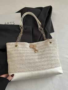 1pc Polyester Deer Pattern Large Capacity Zipper Fashionable Women's Shoulder Tote Bag, Suitable For Daily Use - White - View 4