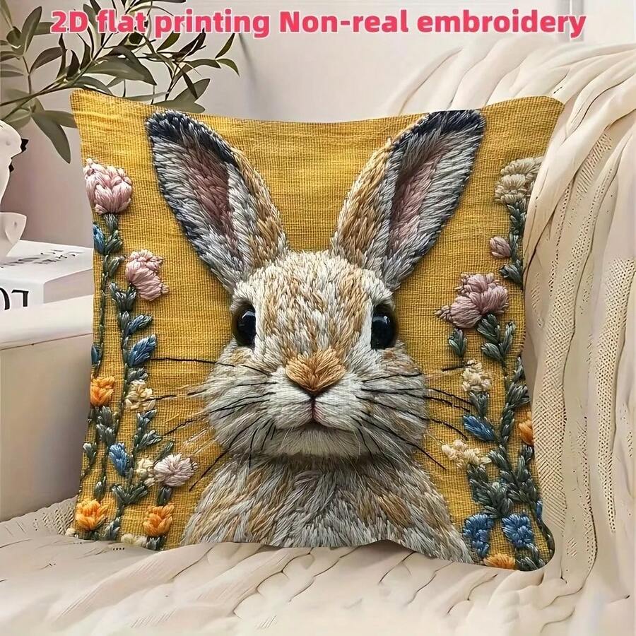 1 buah Sarung Bantal Dekoratif Gaya Rumah Pertanian Motif Kelinci Bordir Imitasi, Bantal Sofa Cetak 2D, Dekorasi Rumah Pertanian | Dekorasi Paskah, Dapat Dicuci dengan Mesin untuk Semua Musim, Cocok untuk Kamar Tidur, Ruang Tamu, Dekorasi Mobil (Tanpa Isian Bantal) - Kuning - View 1