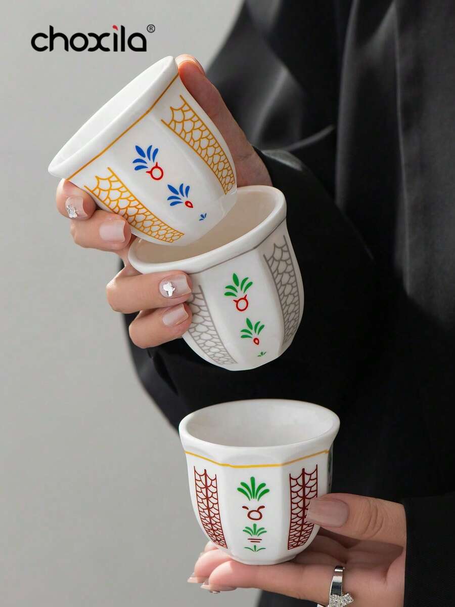 1个椰树图案陶瓷咖啡杯，浓缩咖啡杯，中东阿拉伯风格咖啡/茶杯，招待杯，沙特国庆节礼物，沙特咖啡杯，容量100毫升 - 适合家庭聚会、下午茶、露营、卧室和办公室使用 - 八角形咖啡杯 - 查看 1
