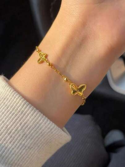 1件极简主义金色复古蝴蝶女士手链，奢华小众设计，精致百搭时尚手链，适合女士日常及派对佩戴