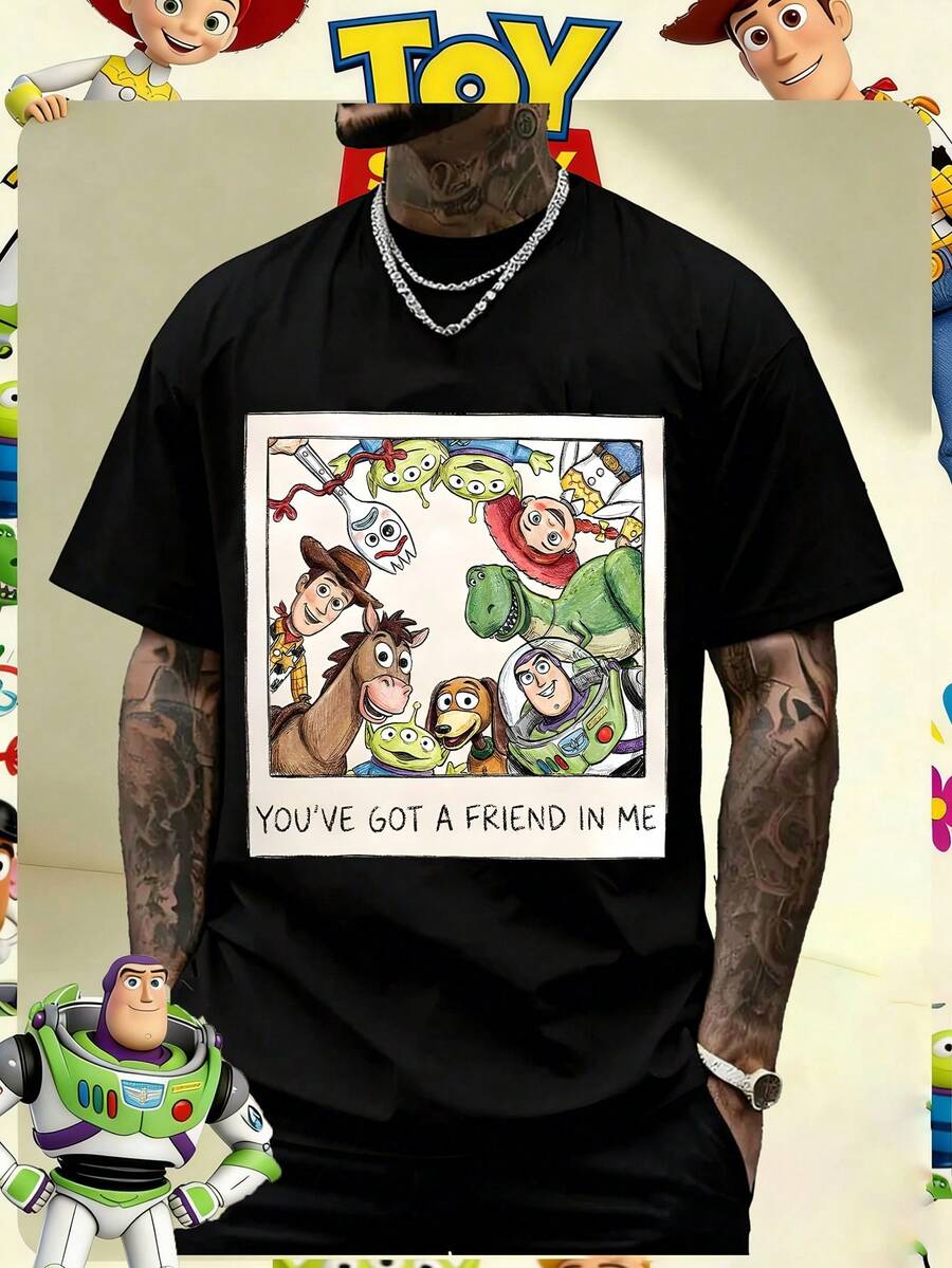 Disney Official Licensed Toy Story You've Got A Friend In Me Hand-Drawn Print 220g Cotton 100 Percent Cotton Graphic T Shirts Disney Shirt Crew Neck Unisex Tee - 黑色 - 查看 1