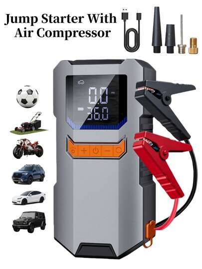 1pc 5000A Portable Jump Starter With Air Compressor – 12V Battery Booster For , LED Light, Fast Charging USB Output, Multiple Safety Protections, Includes Jumper Cables, Air Pump, And Car Adapter