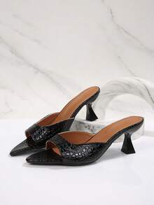 FVPFVP 2025新款漆皮高跟凉拖鞋，百搭尖头性感露趾单带穆勒鞋，夏季必备 - 黑色 - 查看 7