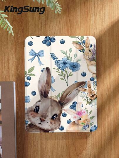 Kingsung 蓝莓兔图案平板电脑保护套，兼容9.7/10.2/10.5/10.9/12.9/Pro 11（第十代），兼容三星Galaxy Tab S6 Lite 10.4英寸，兼容Kindle Paperwhite（第十二代，2024款），Kindle（第十一代，2022款），Kobo Clara Color，柔软防摔，智能支架/自动唤醒/睡眠功能