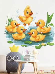 1pc Colorful Cute 5 Ducks Swimming In Pond Pattern Wall Sticker, Bathtub Sticker Toilet Sticker, Home Decor For Living Room Bedroom Dining Room Entrance, PVC Material Removable Adhesive Wall Decal, 29 X 25cm - A - View 3
