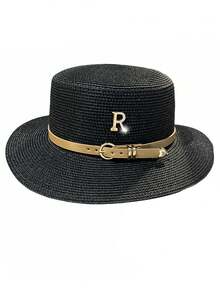 Women's Straw Hat, Summer Travel Vacation Beach R Letter Rhinestone Belt Retro British Style Flat Top Sun Hat, UV Protection, Casual, Polyester, Spring/Summer - Hat - View 8