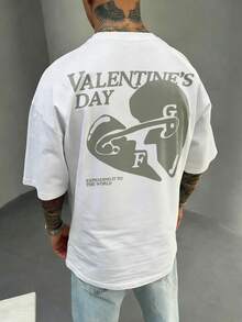 FRACTYR Men's Casual Street Style Loose Fit Heart Graphic Print Round Neck Short Sleeve T-Shirt, Summer - White - View 2