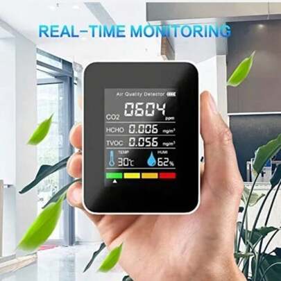 1 pieza Monitor de calidad del aire premium - Detecta con precisión CO2, CO, PM2.5, PM10, HCHO, TVOC, equipado con pantalla LCD grande, analizador de gas en tiempo real y tecnología de sensor avanzada de CO2, adecuado para uso doméstico y oficina