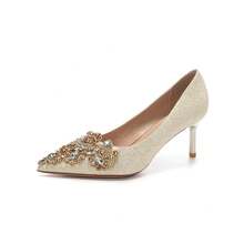 8777E-007 Pointed Toe Rhinestone Stiletto Satin Gold Edge High Heels Wedding Banquet Bride Bridesmaid Shoes Red Festive - 6.5 Vàng - Xem 11