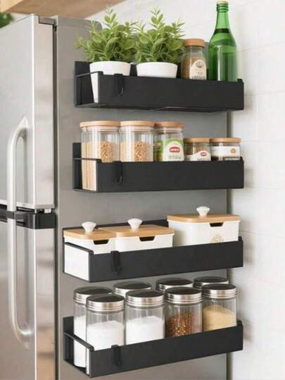 4 قطع رف بهارات مغناطيسي، رف بهارات مغناطيسي بدون ثقب، رف تخزين مغناطيسي قوي، رف مغناطيسي قابل للتعديل في الارتفاع، مناسب للثلاجة والغسالة، اكسسوارات مطبخ، اكسسوارات بار القهوة، رف عملي