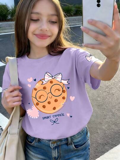 1 chiếc áo thun ngắn tay cổ tròn in họa tiết thường ngày dành cho nữ sinh tuổi teen, trang phục mùa hè cho học sinh và trẻ em, thích hợp cho thể thao và hoạt động ngoài trời.