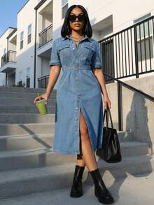 Jkorea Light Wash Denim Midi Dress - Button Down Short Sleeve Utility Dress - 中等水洗藍 - 查看 3