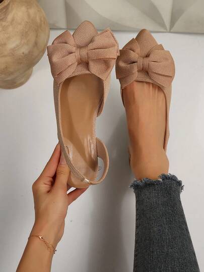 Khaki Flat Loafers, Pointed Toe With Backstrap, Bowknot Decor, Women's Slip-On Hollow Casual Shoes, Elegant Moccasins For Spring/Autumn, Minimalist Style Shoes For Office/Commute