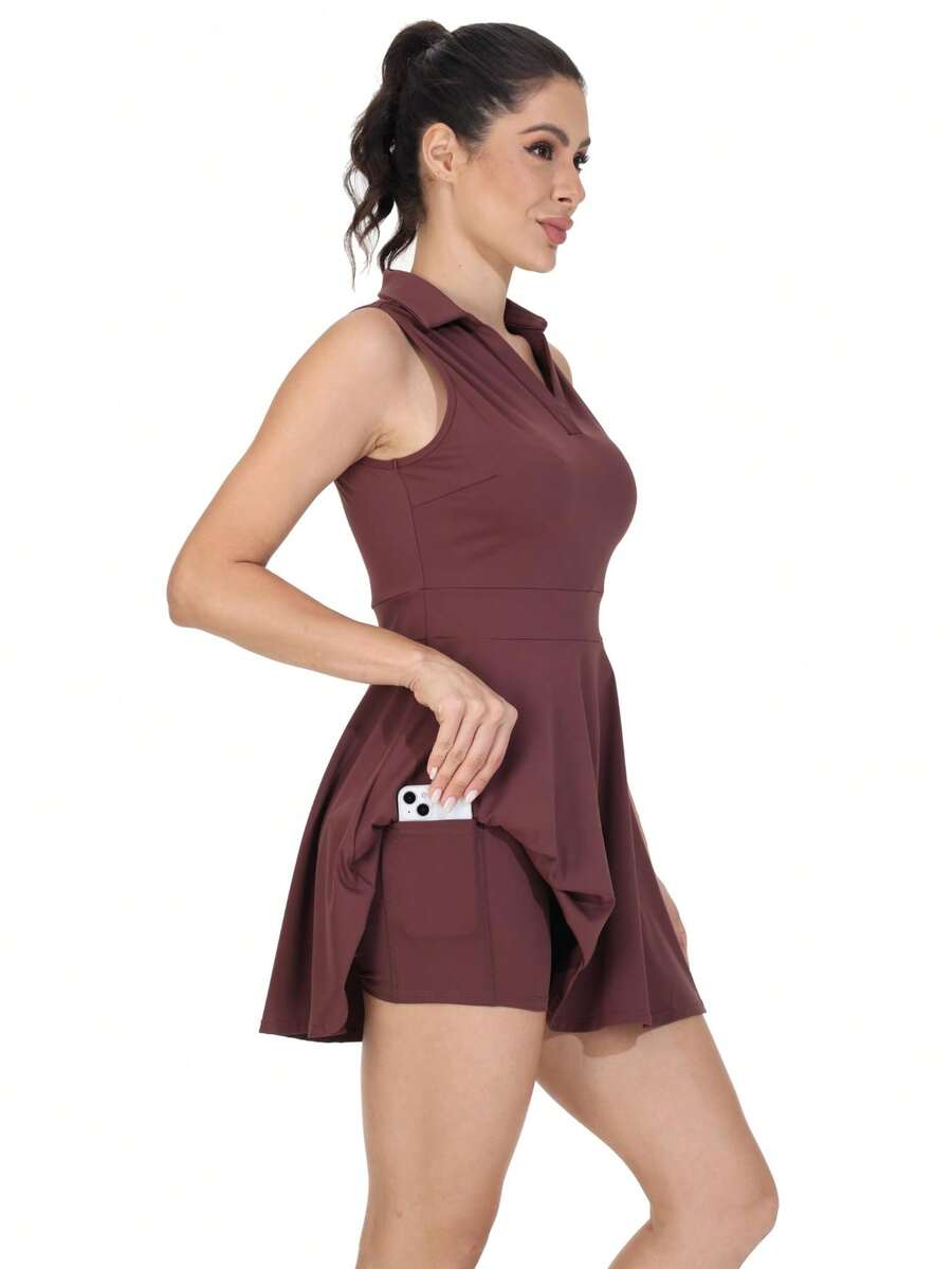 Plain Fitness Dress With Polo Collar And Built-In Shorts With Comfortable Pocket - Brown - View 1