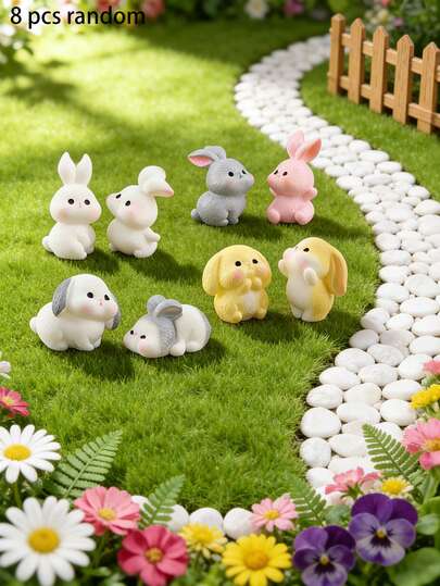 8个随机可爱兔子一家树脂摆件 | 微景观装饰，桌面摆件，治愈系房间/办公桌配件，迷你萌宠玩偶，营造温馨舒适氛围。可搭配多肉植物，或作为桌面装饰，为每个角落增添柔和可爱的气息。