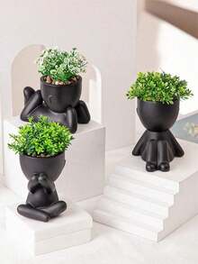 3/1件仿真多肉植物,单盆迷你多肉植物,卡通设计,PP/PE材质,绿色,桌面装饰,家居装饰,园艺装饰,情人节礼物,适合学校、宿舍、办公室使用 - 黑色 - 查看 6