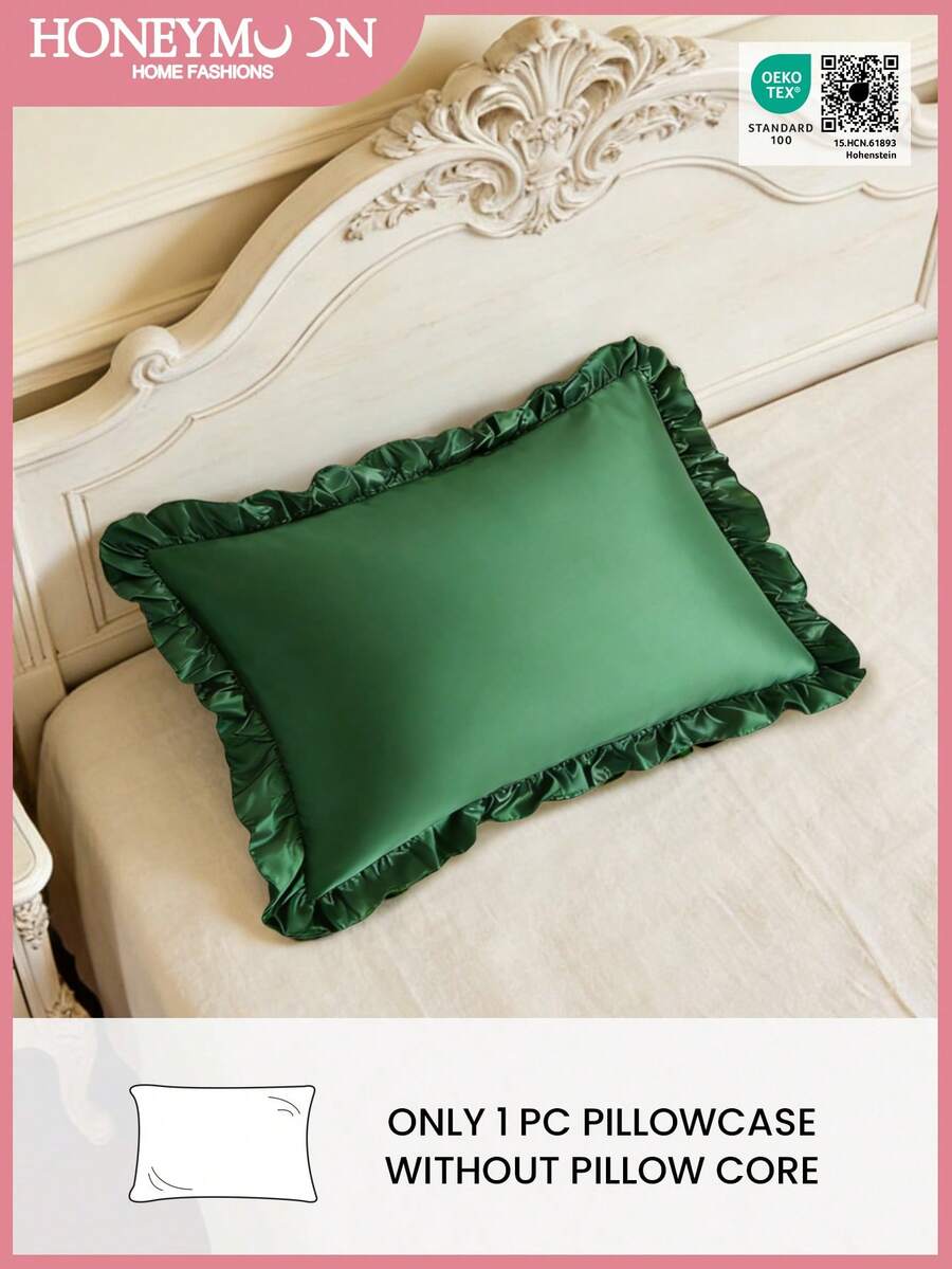 蜜月主题缎面枕套（单件装），蕾丝花边，闪亮缎面面料，奢华丝滑，超柔软透气，无填充物，可机洗，T、F、Q、K尺寸，适用于家庭和宿舍，通过Oeko-Tex认证，深绿色 - 墨綠色 - 查看 1