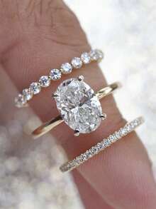 3 piezas/set Anillos elegantes apilables, con incrustaciones de circonita falsa en forma de gota y rectangular, que representan romance y nobleza. Perfectos para uso diario y Año Nuevo Chino - Dorado - Ver 2