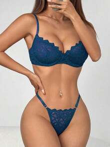 2pcs Women Lace Splice Sheer Underwire Bra And Plaid Panties Lingerie Set Bridallingerie - 藏蓝色 - 查看 3