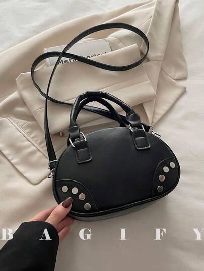 新款时尚铆钉手提包单肩保龄球包，适合派对、郊游、度假、购物和日常使用，可存放硬币、手机，也适合白领、大学生和上班族作为工作包，女士优雅之选。