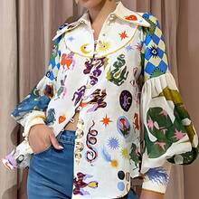 2026 European And American Women's Shirt,  Loose-Fitting Graffiti Print, Turn-Down Collar, Lantern Long Sleeves, Spring Cardigan Shirt For Women - 白色 - 查看 6