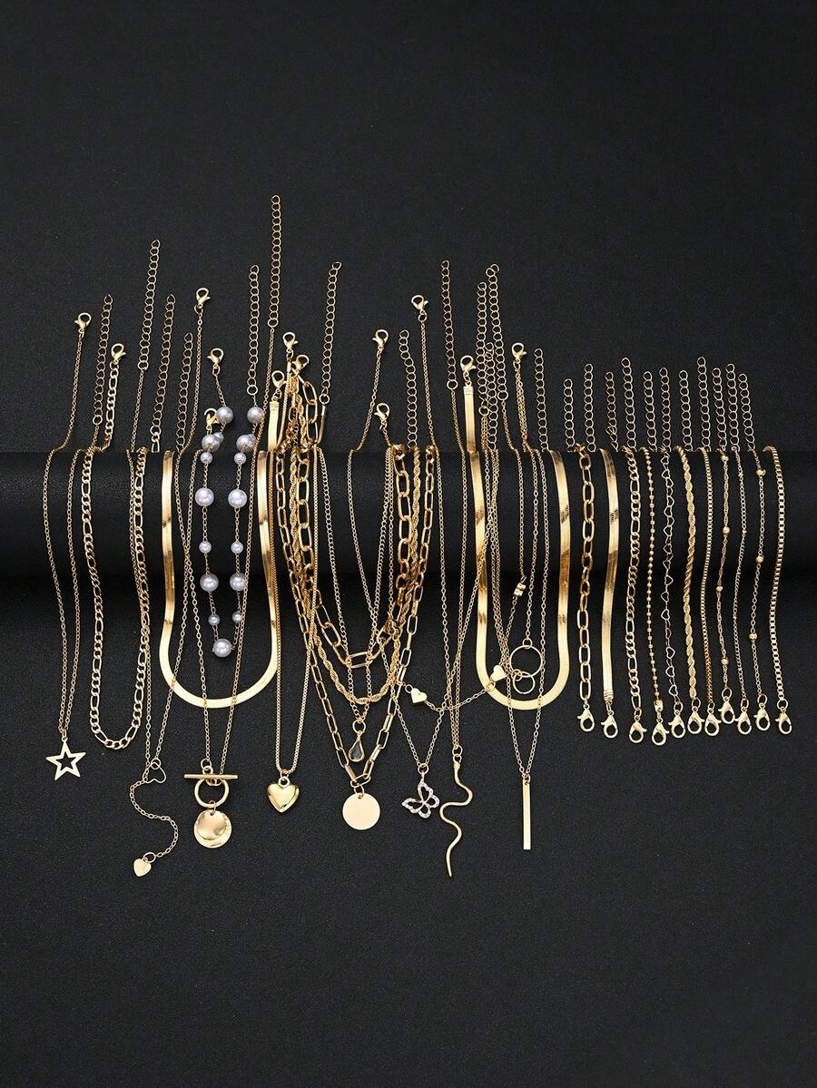 11/13/24pcs Fashion Minimalist Elegant Star, Heart, Snake, Water Drop, Bow, Faux Pearl, Rhinestone Necklace, Bracelet Jewelry Set, Gold Color, Suitable For Holiday, Party, Banquet, Birthday Gift, Daily Wear - Yellow Gold - View 1