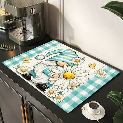 1件装精灵雏菊图案吸水沥水垫，厨房装饰咖啡机垫，手工咖啡壶沥水垫，厨房地垫，餐桌垫，厨房台面碗碟沥水垫，早餐垫，防滑耐热沥水垫，硅藻土沥水垫，遮盖污渍，超强吸水厨房垫，易清洁碗碟架垫，适用于厨房、餐桌、咖啡店、酒吧、节日、派对、家居装饰、节日礼物