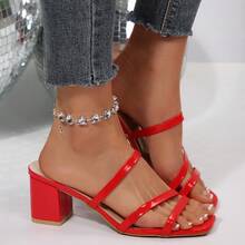 Women's Solid Color Party PU Leather Patent Thick Heel High Heel Sandals, Summer - Red - View 5