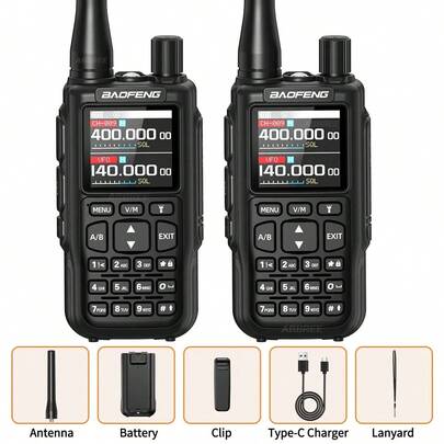 Baofeng 2个宝峰迷你5件套PTT双向无线电蓝牙APP编程AM/FM NOAA TYPE-C充电器升级版UV-5R迷你业余无线电收发器